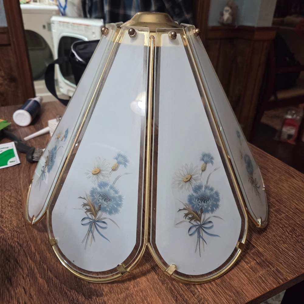Vintage Brass Floral Glass Tulip Lamp Shade Replacement Blue White Flowers 9.5in